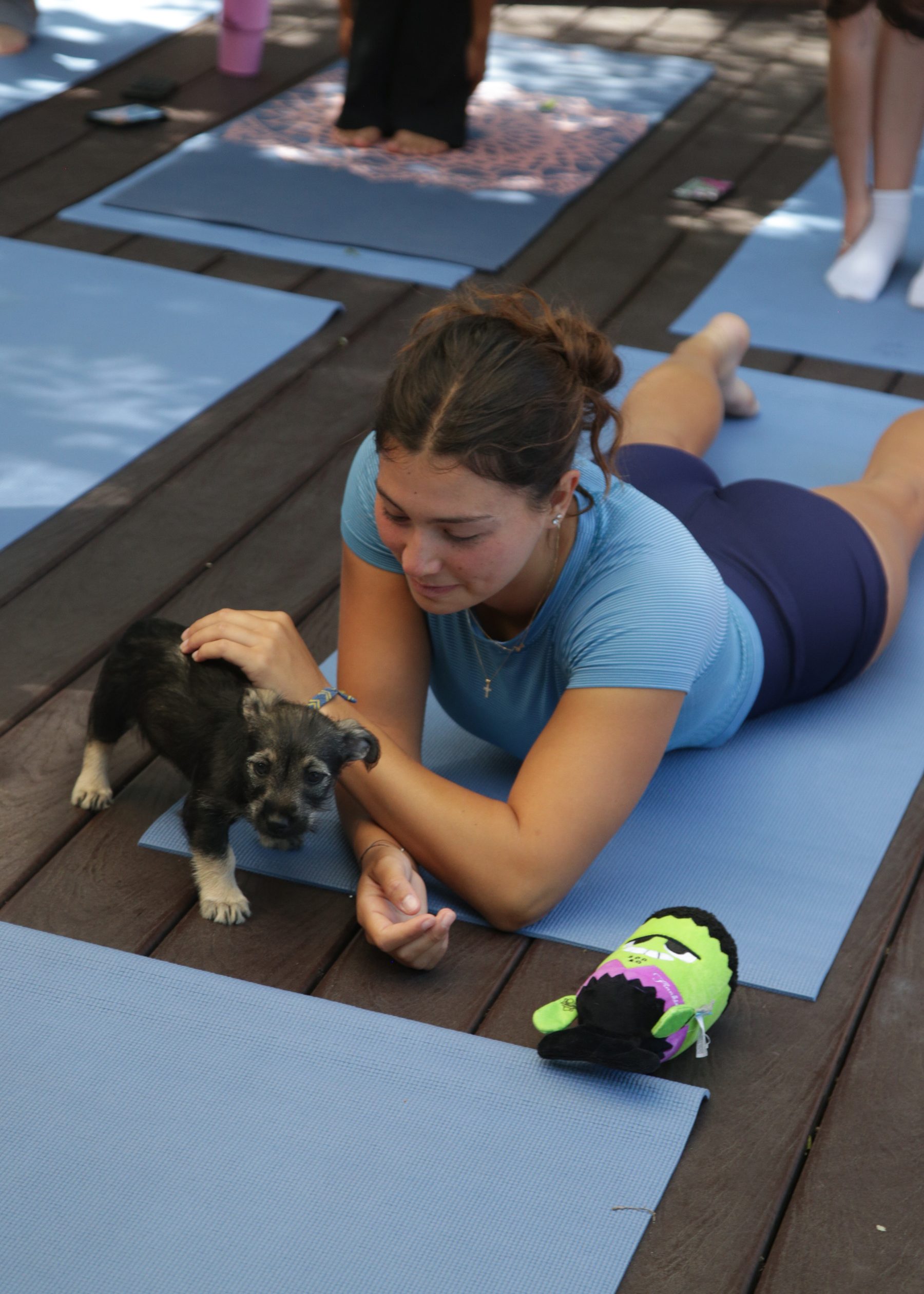 A class guest lying on the mat being approached by a small rescue puppy